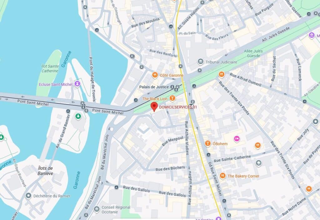Plan de Toulouse : Palais de Justice et Pont Saint-Michel Carte de Toulouse montrant le Pont Saint-Michel, le Palais de Justice et Domicil'Services 31 près de la Garonne.
