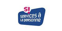 Services à la Personne : Logo officiel bleu et rose Logo Services à la personne avec texte blanc sur forme bleue et bulle rose S!